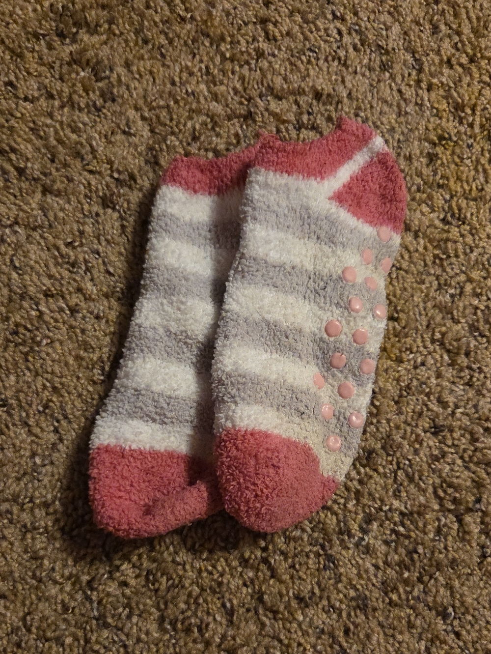 Cozy Pink & Gray Striped Fuzzy Grip Socks